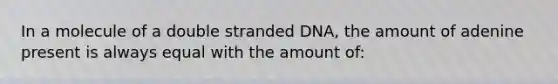 In a molecule of a double stranded DNA, the amount of adenine present is always equal with the amount of: