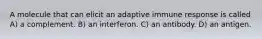 A molecule that can elicit an adaptive immune response is called A) a complement. B) an interferon. C) an antibody. D) an antigen.