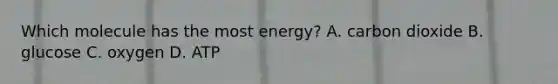 Which molecule has the most energy? A. carbon dioxide B. glucose C. oxygen D. ATP