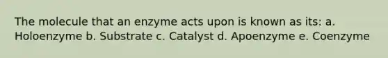 The molecule that an enzyme acts upon is known as its: a. Holoenzyme b. Substrate c. Catalyst d. Apoenzyme e. Coenzyme