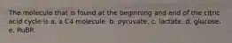 The molecule that is found at the beginning and end of the citric acid cycle is a. a C4 molecule. b. pyruvate. c. lactate. d. glucose. e. RuBP.