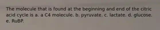 The molecule that is found at the beginning and end of the citric acid cycle is a. a C4 molecule. b. pyruvate. c. lactate. d. glucose. e. RuBP.