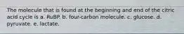 The molecule that is found at the beginning and end of the citric acid cycle is a. RuBP. b. four-carbon molecule. c. glucose. d. pyruvate. e. lactate.