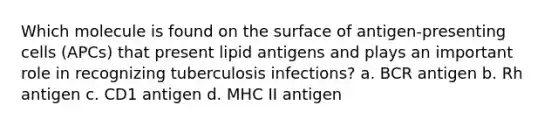 Which molecule is found on the surface of antigen-presenting cells (APCs) that present lipid antigens and plays an important role in recognizing tuberculosis infections? a. BCR antigen b. Rh antigen c. CD1 antigen d. MHC II antigen