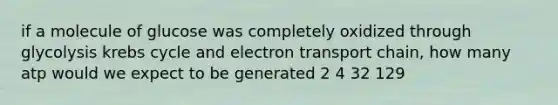 if a molecule of glucose was completely oxidized through glycolysis krebs cycle and electron transport chain, how many atp would we expect to be generated 2 4 32 129