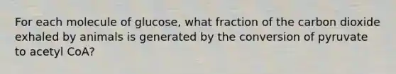 For each molecule of glucose, what fraction of the carbon dioxide exhaled by animals is generated by the conversion of pyruvate to acetyl CoA?