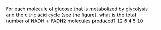 For each molecule of glucose that is metabolized by glycolysis and the citric acid cycle (see the figure), what is the total number of NADH + FADH2 molecules produced? 12 6 4 5 10