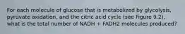 For each molecule of glucose that is metabolized by glycolysis, pyruvate oxidation, and the citric acid cycle (see Figure 9.2), what is the total number of NADH + FADH2 molecules produced?