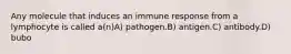 Any molecule that induces an immune response from a lymphocyte is called a(n)A) pathogen.B) antigen.C) antibody.D) bubo