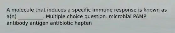 A molecule that induces a specific immune response is known as a(n) __________. Multiple choice question. microbial PAMP antibody antigen antibiotic hapten