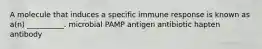 A molecule that induces a specific immune response is known as a(n) __________. microbial PAMP antigen antibiotic hapten antibody