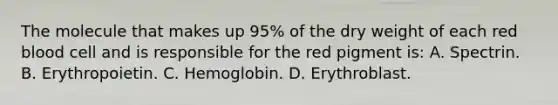 The molecule that makes up 95% of the dry weight of each red blood cell and is responsible for the red pigment is: A. Spectrin. B. Erythropoietin. C. Hemoglobin. D. Erythroblast.