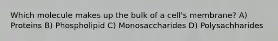 Which molecule makes up the bulk of a cell's membrane? A) Proteins B) Phospholipid C) Monosaccharides D) Polysachharides