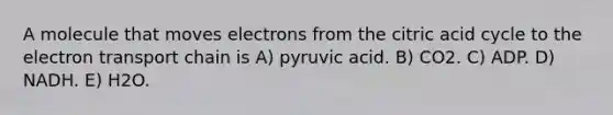 A molecule that moves electrons from the citric acid cycle to the electron transport chain is A) pyruvic acid. B) CO2. C) ADP. D) NADH. E) H2O.