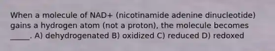 When a molecule of NAD+ (nicotinamide adenine dinucleotide) gains a hydrogen atom (not a proton), the molecule becomes _____. A) dehydrogenated B) oxidized C) reduced D) redoxed