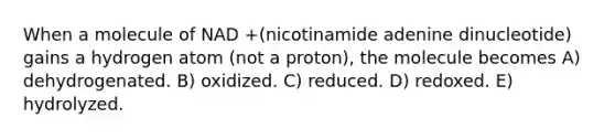 When a molecule of NAD +(nicotinamide adenine dinucleotide) gains a hydrogen atom (not a proton), the molecule becomes A) dehydrogenated. B) oxidized. C) reduced. D) redoxed. E) hydrolyzed.