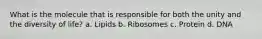 What is the molecule that is responsible for both the unity and the diversity of life? a. Lipids b. Ribosomes c. Protein d. DNA