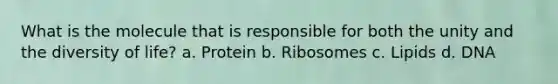 What is the molecule that is responsible for both the unity and the diversity of life? a. Protein b. Ribosomes c. Lipids d. DNA