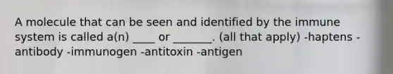 A molecule that can be seen and identified by the immune system is called a(n) ____ or _______. (all that apply) -haptens -antibody -immunogen -antitoxin -antigen