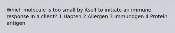 Which molecule is too small by itself to initiate an immune response in a client? 1 Hapten 2 Allergen 3 Immunogen 4 Protein antigen