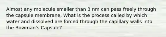 Almost any molecule smaller than 3 nm can pass freely through the capsule membrane. What is the process called by which water and dissolved are forced through the capillary walls into the Bowman's Capsule?