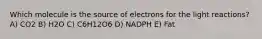 Which molecule is the source of electrons for the light reactions? A) CO2 B) H2O C) C6H12O6 D) NADPH E) Fat