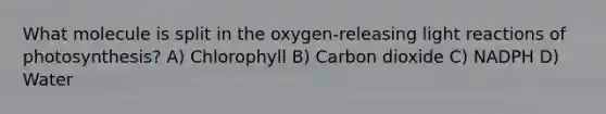 What molecule is split in the oxygen-releasing light reactions of photosynthesis? A) Chlorophyll B) Carbon dioxide C) NADPH D) Water