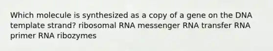 Which molecule is synthesized as a copy of a gene on the DNA template strand? ribosomal RNA messenger RNA transfer RNA primer RNA ribozymes