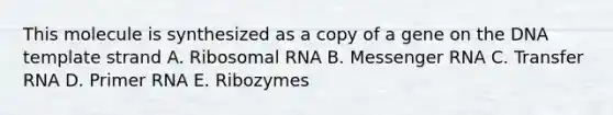 This molecule is synthesized as a copy of a gene on the DNA template strand A. <a href='https://www.questionai.com/knowledge/k4lWAiAI7W-ribosomal-rna' class='anchor-knowledge'>ribosomal rna</a> B. <a href='https://www.questionai.com/knowledge/kDttgcz0ig-messenger-rna' class='anchor-knowledge'>messenger rna</a> C. <a href='https://www.questionai.com/knowledge/kYREgpZMtc-transfer-rna' class='anchor-knowledge'>transfer rna</a> D. Primer RNA E. Ribozymes