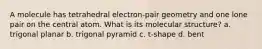 A molecule has tetrahedral electron-pair geometry and one lone pair on the central atom. What is its molecular structure? a. trigonal planar b. trigonal pyramid c. t-shape d. bent