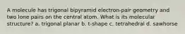 A molecule has trigonal bipyramid electron-pair geometry and two lone pairs on the central atom. What is its molecular structure? a. trigonal planar b. t-shape c. tetrahedral d. sawhorse