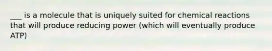 ___ is a molecule that is uniquely suited for chemical reactions that will produce reducing power (which will eventually produce ATP)