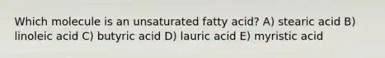 Which molecule is an unsaturated fatty acid? A) stearic acid B) linoleic acid C) butyric acid D) lauric acid E) myristic acid