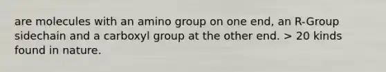 are molecules with an amino group on one end, an R-Group sidechain and a carboxyl group at the other end. > 20 kinds found in nature.