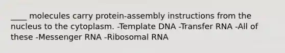 ____ molecules carry protein-assembly instructions from the nucleus to the cytoplasm. -Template DNA -<a href='https://www.questionai.com/knowledge/kYREgpZMtc-transfer-rna' class='anchor-knowledge'>transfer rna</a> -All of these -<a href='https://www.questionai.com/knowledge/kDttgcz0ig-messenger-rna' class='anchor-knowledge'>messenger rna</a> -Ribosomal RNA