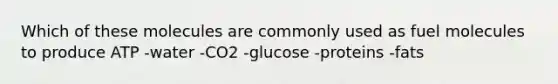 Which of these molecules are commonly used as fuel molecules to produce ATP -water -CO2 -glucose -proteins -fats