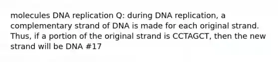 molecules DNA replication Q: during DNA replication, a complementary strand of DNA is made for each original strand. Thus, if a portion of the original strand is CCTAGCT, then the new strand will be DNA #17