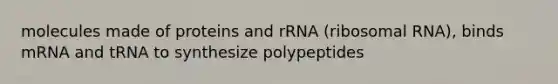 molecules made of proteins and rRNA (ribosomal RNA), binds mRNA and tRNA to synthesize polypeptides