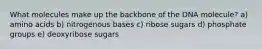 What molecules make up the backbone of the DNA molecule? a) amino acids b) nitrogenous bases c) ribose sugars d) phosphate groups e) deoxyribose sugars