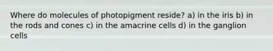 Where do molecules of photopigment reside? a) in the iris b) in the rods and cones c) in the amacrine cells d) in the ganglion cells