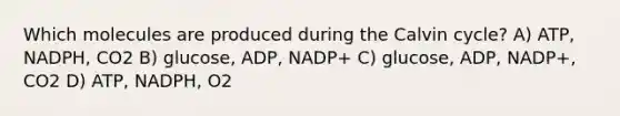 Which molecules are produced during the Calvin cycle? A) ATP, NADPH, CO2 B) glucose, ADP, NADP+ C) glucose, ADP, NADP+, CO2 D) ATP, NADPH, O2