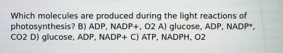 Which molecules are produced during the light reactions of photosynthesis? B) ADP, NADP+, O2 A) glucose, ADP, NADP*, CO2 D) glucose, ADP, NADP+ C) ATP, NADPH, O2