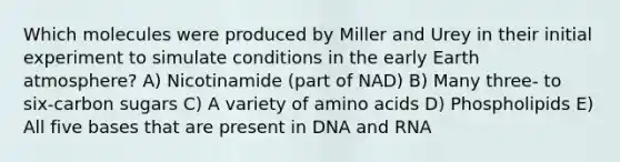 Which molecules were produced by Miller and Urey in their initial experiment to simulate conditions in the early Earth atmosphere? A) Nicotinamide (part of NAD) B) Many three- to six-carbon sugars C) A variety of amino acids D) Phospholipids E) All five bases that are present in DNA and RNA