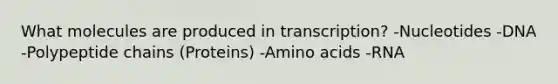 What molecules are produced in transcription? -Nucleotides -DNA -Polypeptide chains (Proteins) -Amino acids -RNA