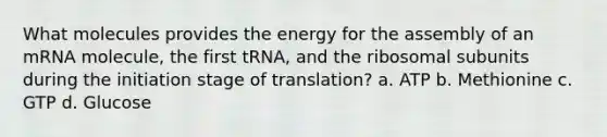 What molecules provides the energy for the assembly of an mRNA molecule, the first tRNA, and the ribosomal subunits during the initiation stage of translation? a. ATP b. Methionine c. GTP d. Glucose