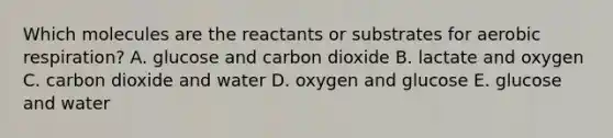 Which molecules are the reactants or substrates for <a href='https://www.questionai.com/knowledge/kyxGdbadrV-aerobic-respiration' class='anchor-knowledge'>aerobic respiration</a>? A. glucose and carbon dioxide B. lactate and oxygen C. carbon dioxide and water D. oxygen and glucose E. glucose and water