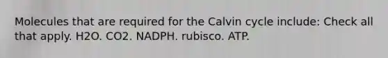 Molecules that are required for the Calvin cycle include: Check all that apply. H2O. CO2. NADPH. rubisco. ATP.