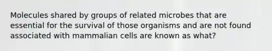 Molecules shared by groups of related microbes that are essential for the survival of those organisms and are not found associated with mammalian cells are known as what?