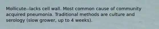 Mollicute--lacks cell wall. Most common cause of community acquired pneumonia. Traditional methods are culture and serology (slow grower, up to 4 weeks).