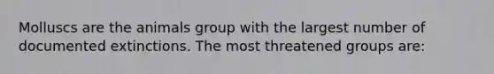 Molluscs are the animals group with the largest number of documented extinctions. The most threatened groups are: